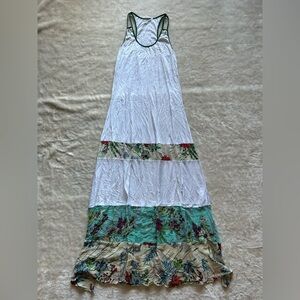 Language White Maxi Dress with Green Trim and Floral Panels